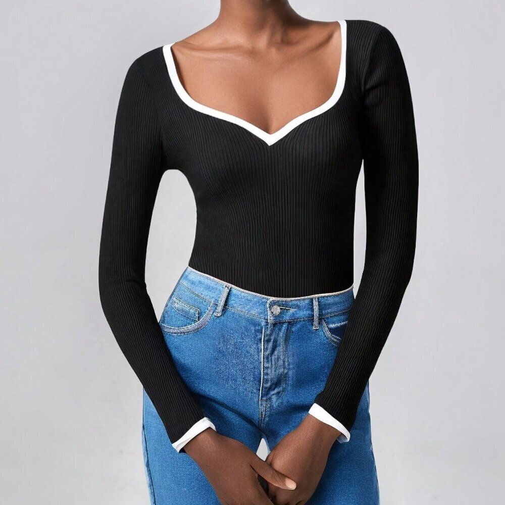 Black And White Casual Women's Contrast Binding Sweetheart Neck Sweater